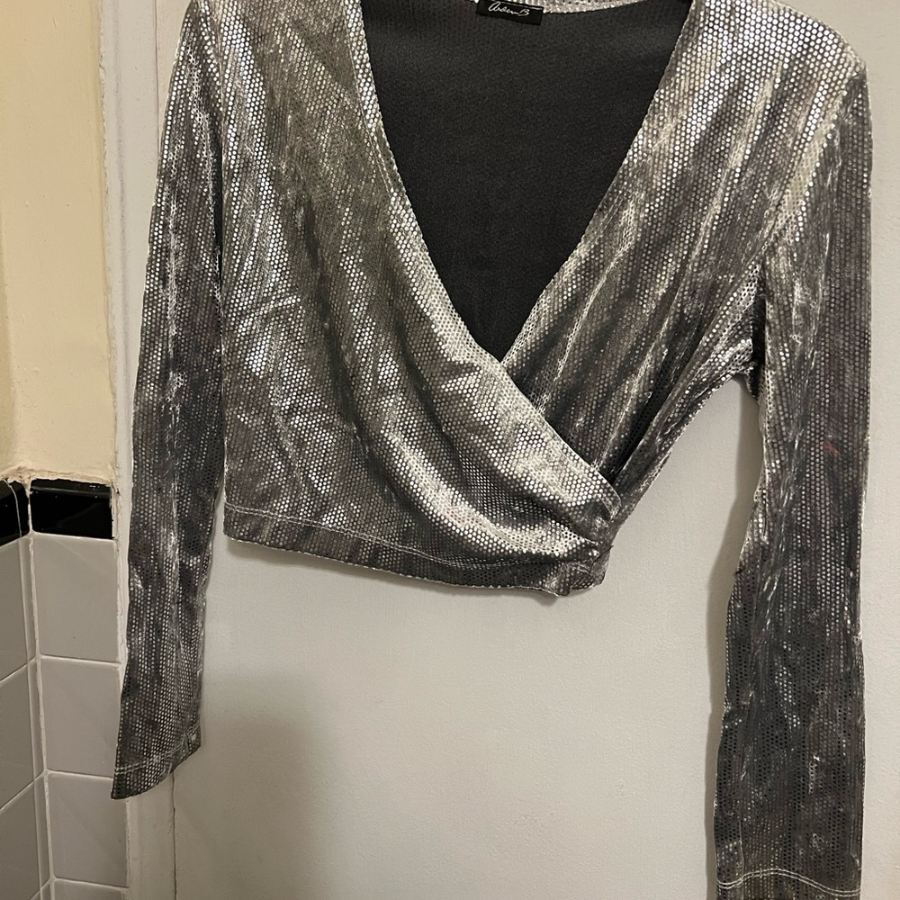 Arden B Silver Gray Wrap Crop Blouse